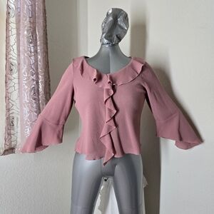 Light pink vintage ruffle trim blouse bell sleeves